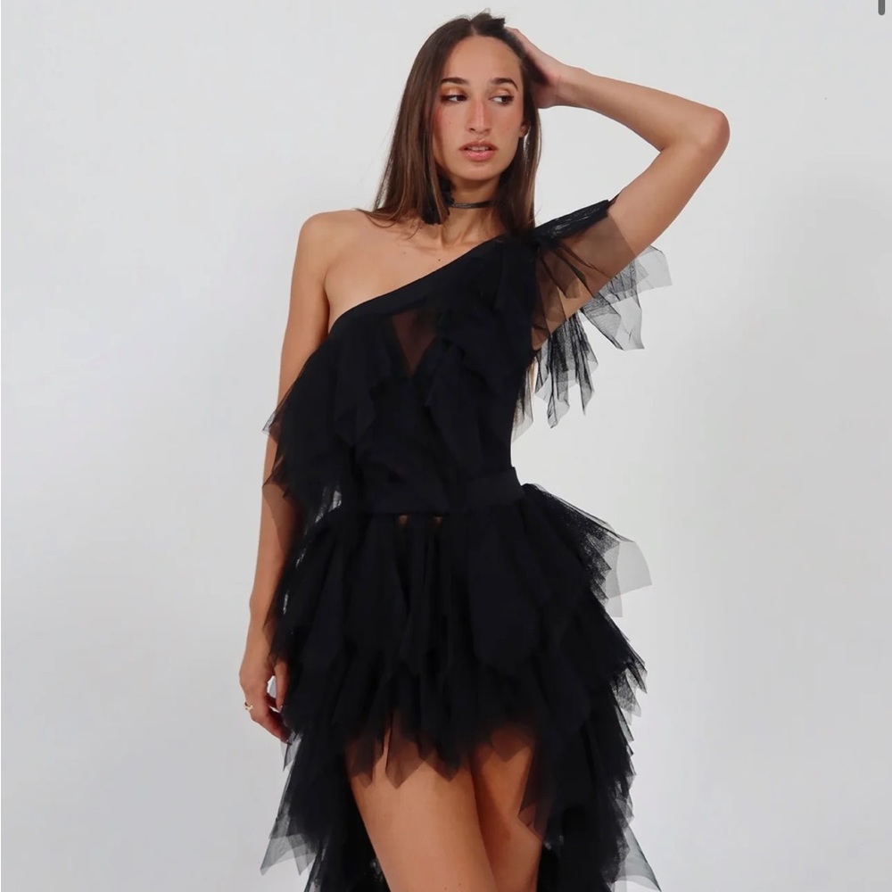 Black Tull One Shoulder Dress